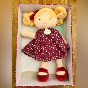 JoliJou Blond Doll with Floral/Hearts Burgundy Dress